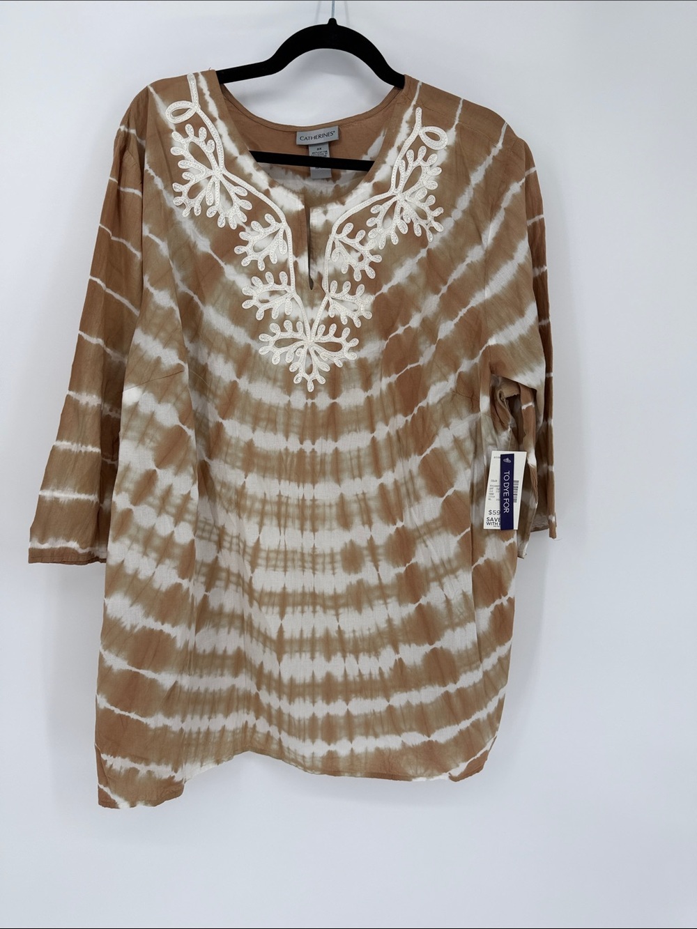 NWT Catherines Tan & White Tie-Dye‎ Embroidered V-Neck Tunic - cotton